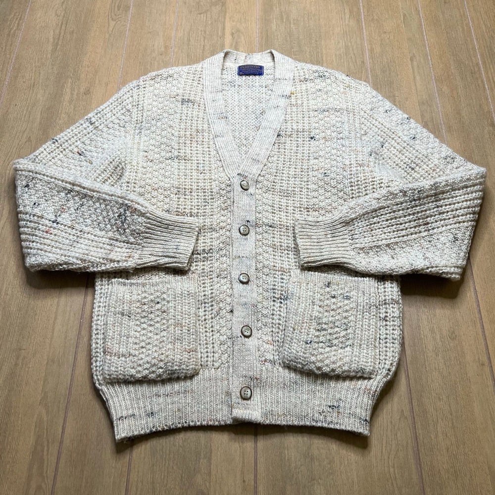 Pendleton Cardigan Sweater Mens L‎ Cream Donegal Waffle Knit Wool Vintage USA